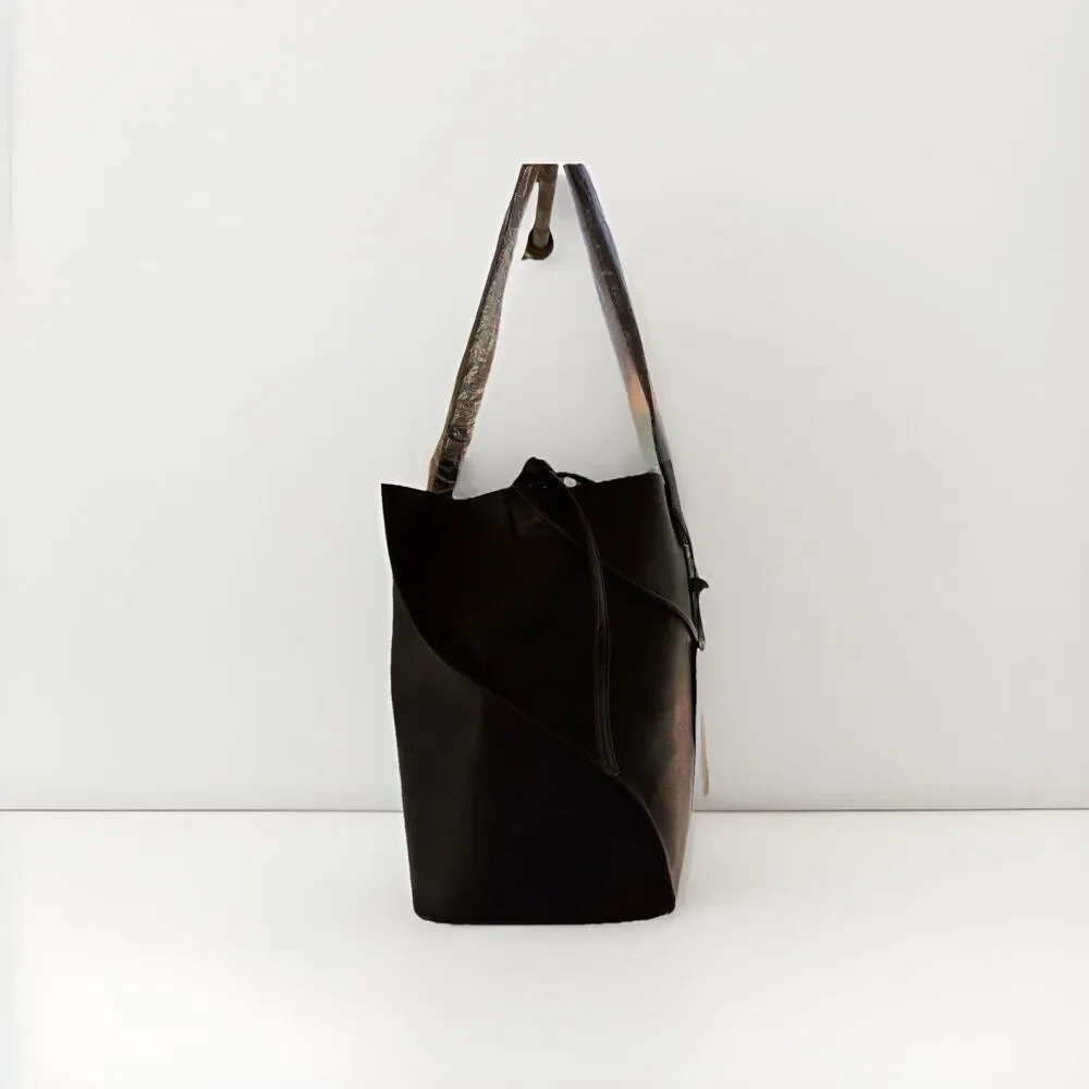 BCBG Maxazria  Structured Bucket Bag Purse Black Asymmetrical Vegan Leather NWT